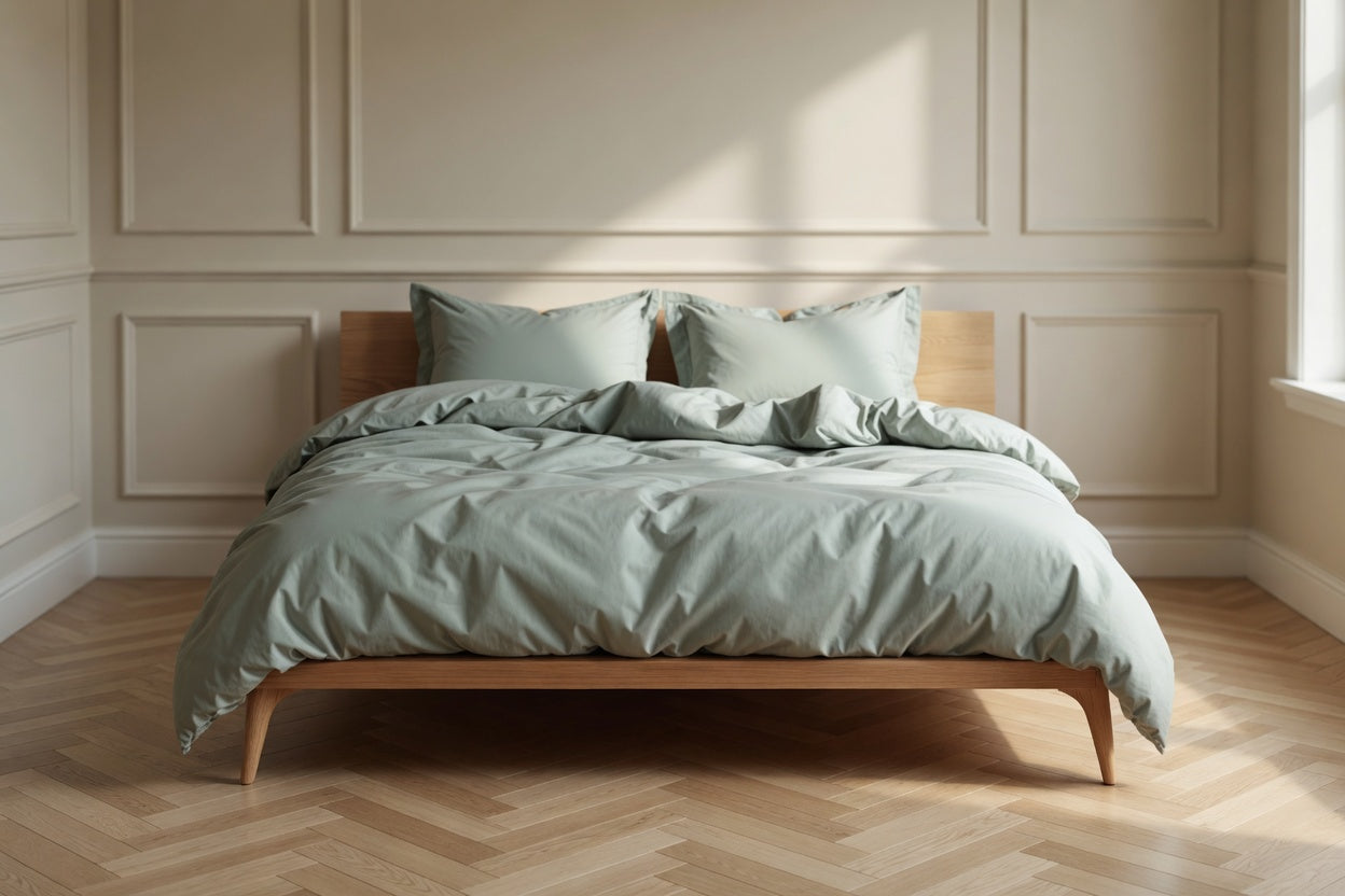 Bed with house of march sage green bedding in a room with wooden flooring and white walls
