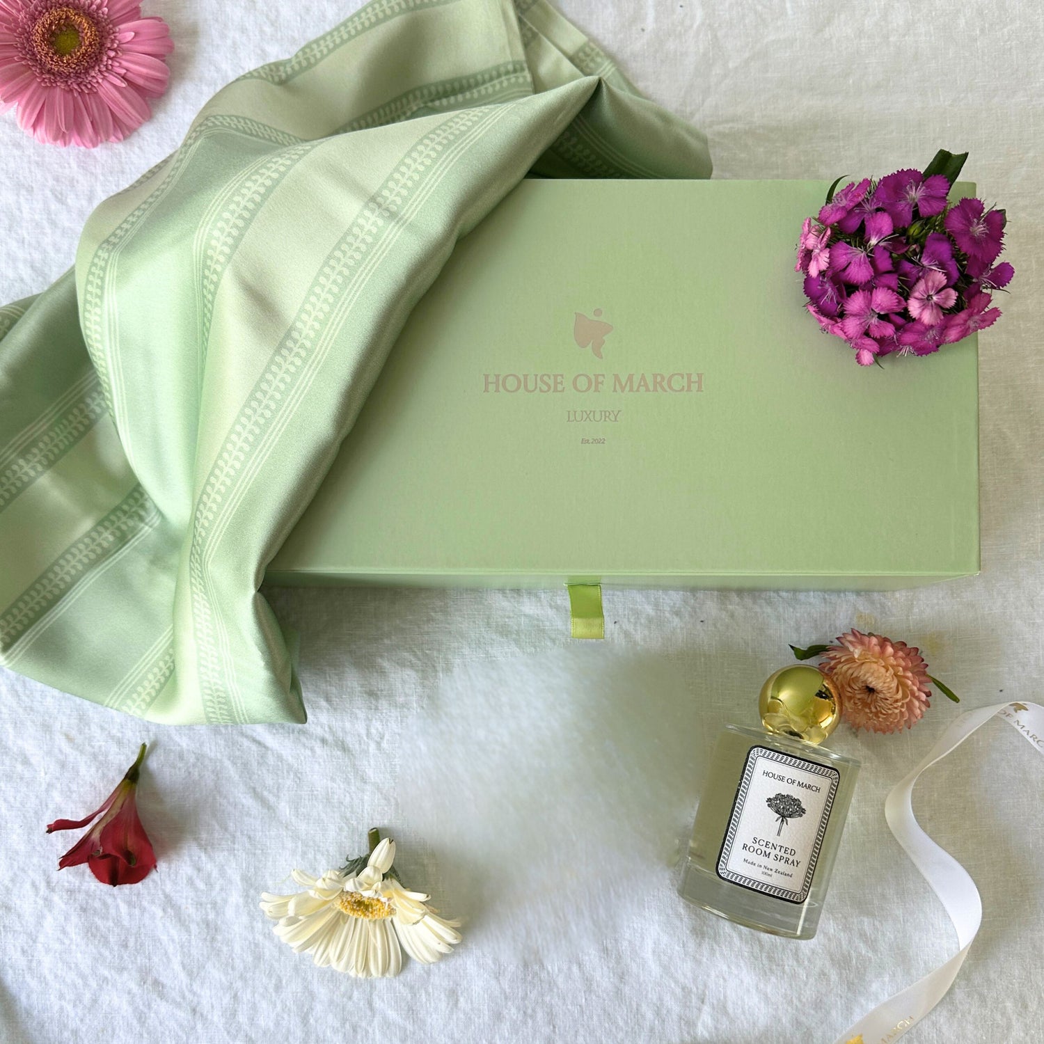 Sage Stripe Mulberry Silk Pillowcase & Room Spray