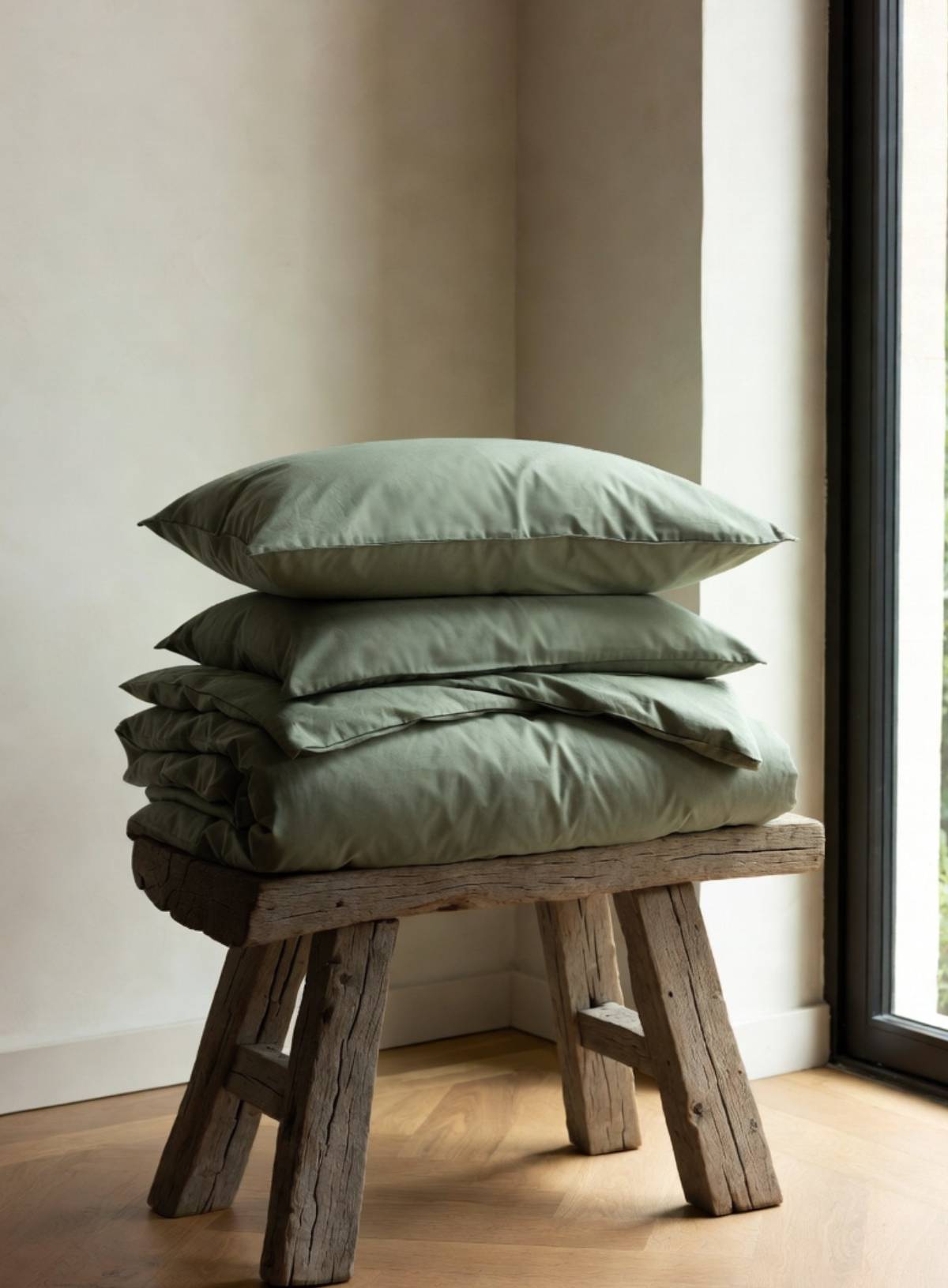Stack of green pillows on a wooden stool against a neutral wall.