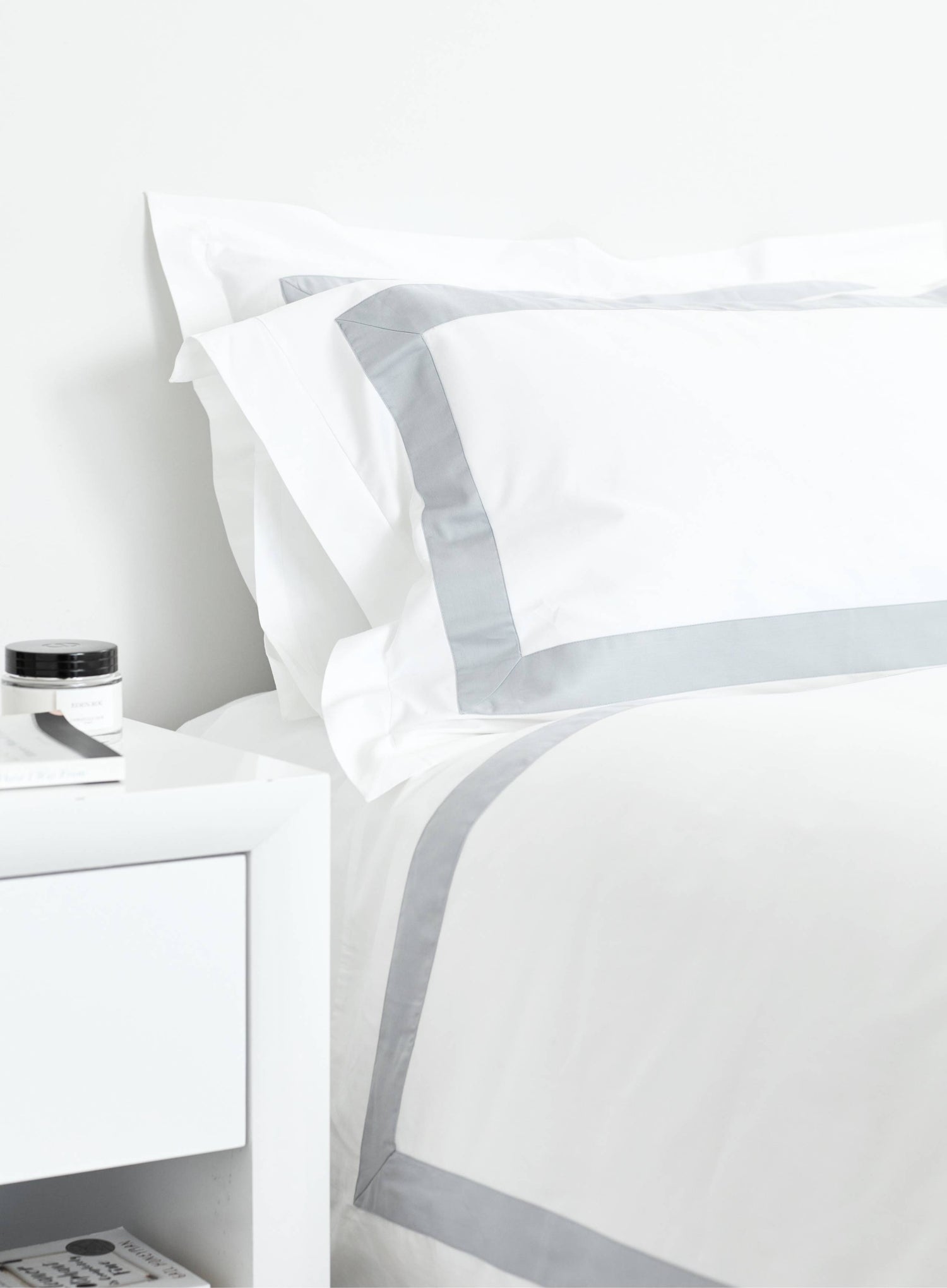 GOTS certified organic bed linens in banded sky blue and white