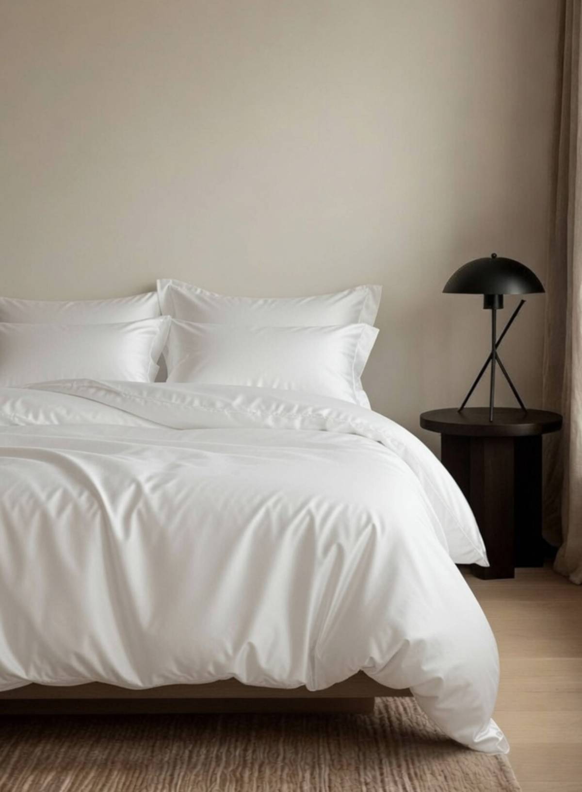 Neatly made bed with white bedding in a minimalistic bedroom setting.